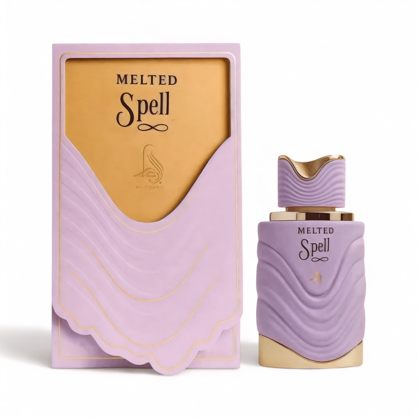 Perfume bottle and packaging of 'Melted Spell' on a white background
