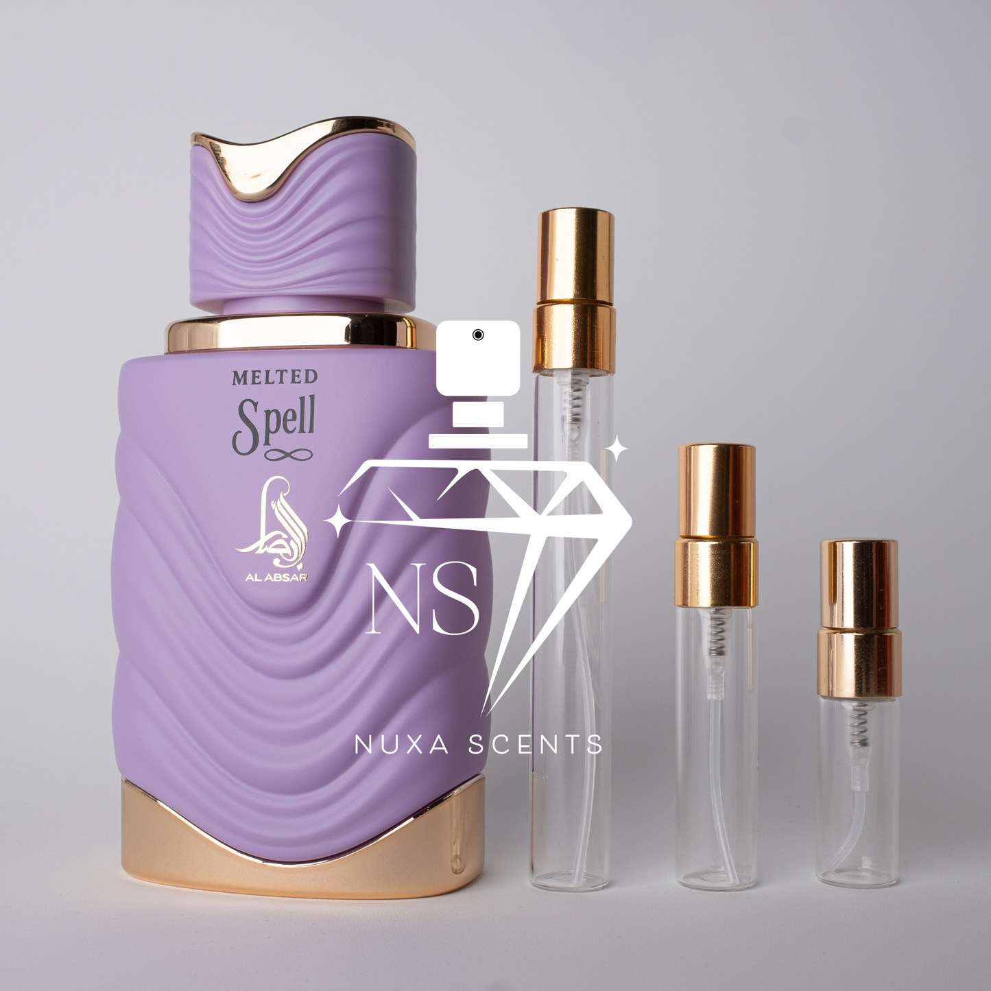 Purple perfume bottle with gold accents and Nuxa Scents branding on a gray background