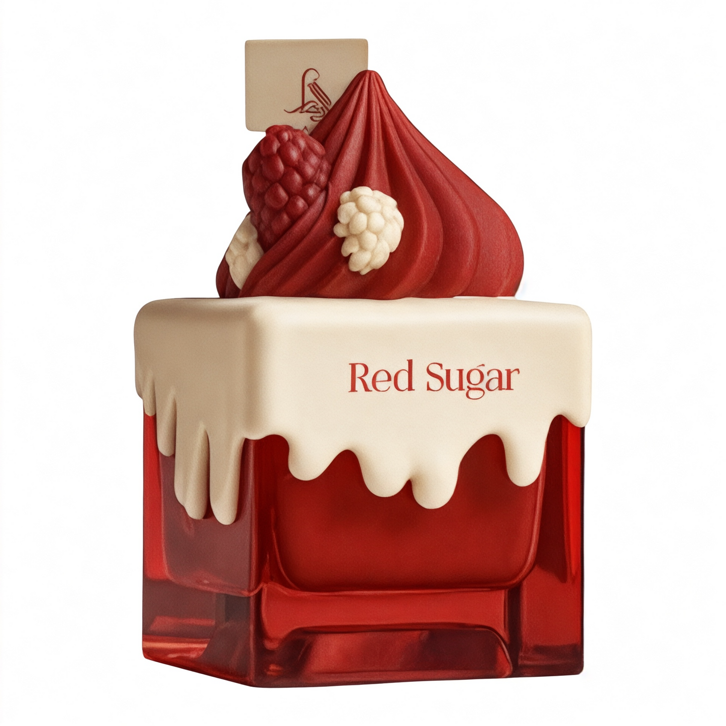 Red and white dessert-shaped container with 'Red Sugar' text on a white background