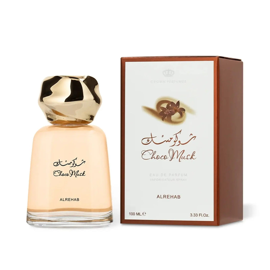 Perfume bottle and packaging of Choco Muck by Alrehab on a white background