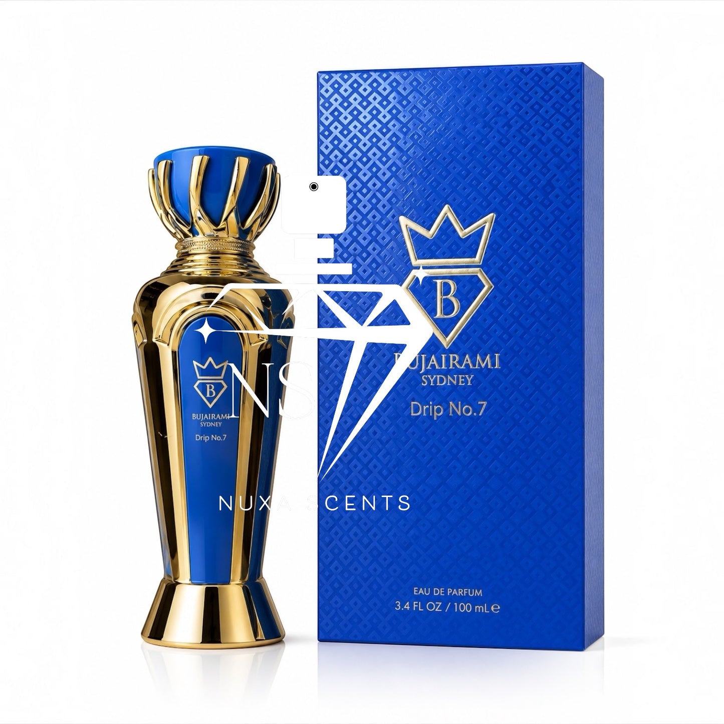 A luxury perfume bottle and its packaging box, both in royal blue and gold, featuring the brand name 'Bhairami Sydney' and product name 'Drip No.7'.