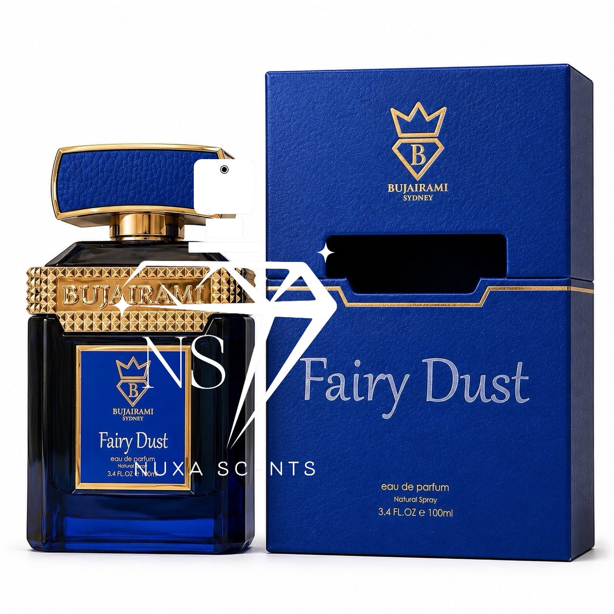 Bujrahmi Sydney Fairy Dust Eau de Parfum bottle next to its blue and gold packaging box, featuring a blue textured cap and gold trim.