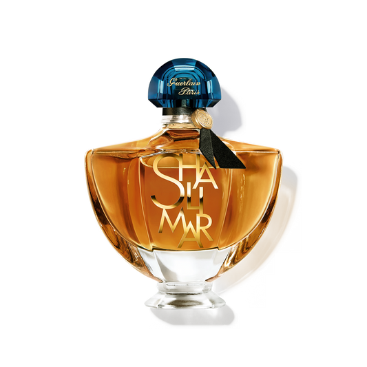 Perfume bottle with blue cap and gold text on a white background