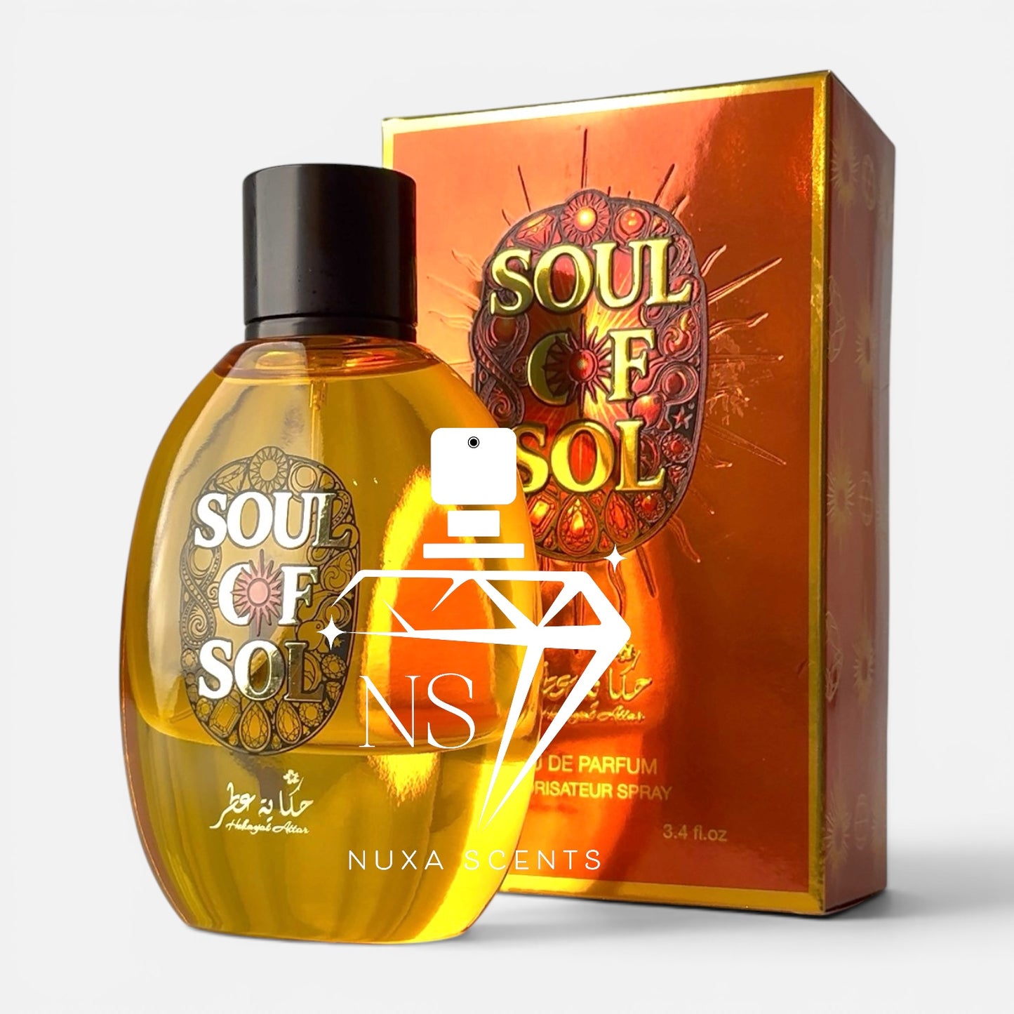 A bottle of Soul of Sol Eau de Parfum with its matching orange and gold box, featuring a white watermark overlay in the center.