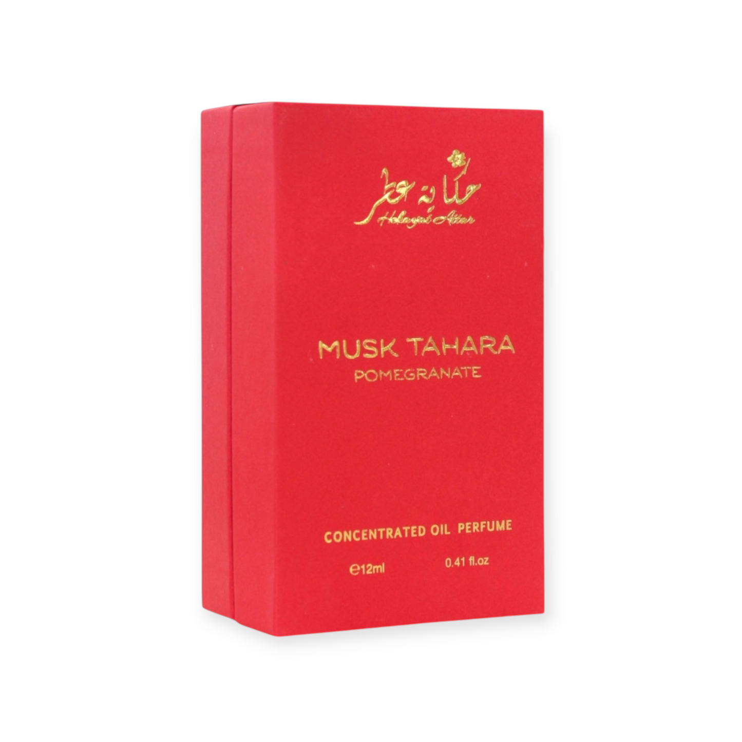 Red box of Musk Tahara Pomegranate perfume on a white background