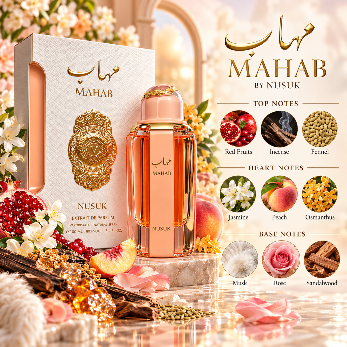 Nusuk Mahab Extrait de Parfum by Alhambra, featuring a rose gold perfume bottle and its textured white and gold packaging box. The bottle is surrounded by its scent notes: red fruits, incense, fennel, jasmine, peach, osmanthus, musk, rose, and sandalwood, set against a warm, sunlit background with floral arrangements.