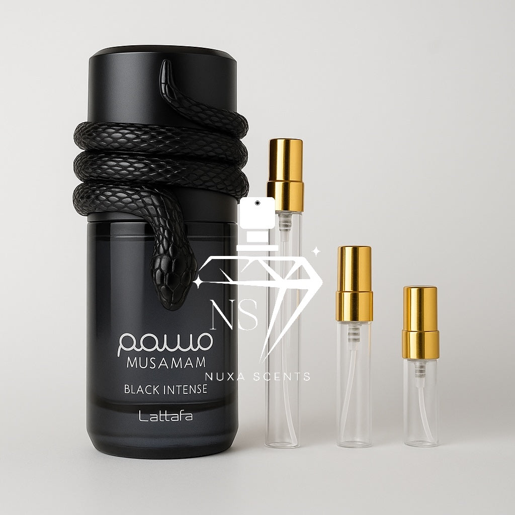 Black perfume bottle with snake design and black caps on a light gray background