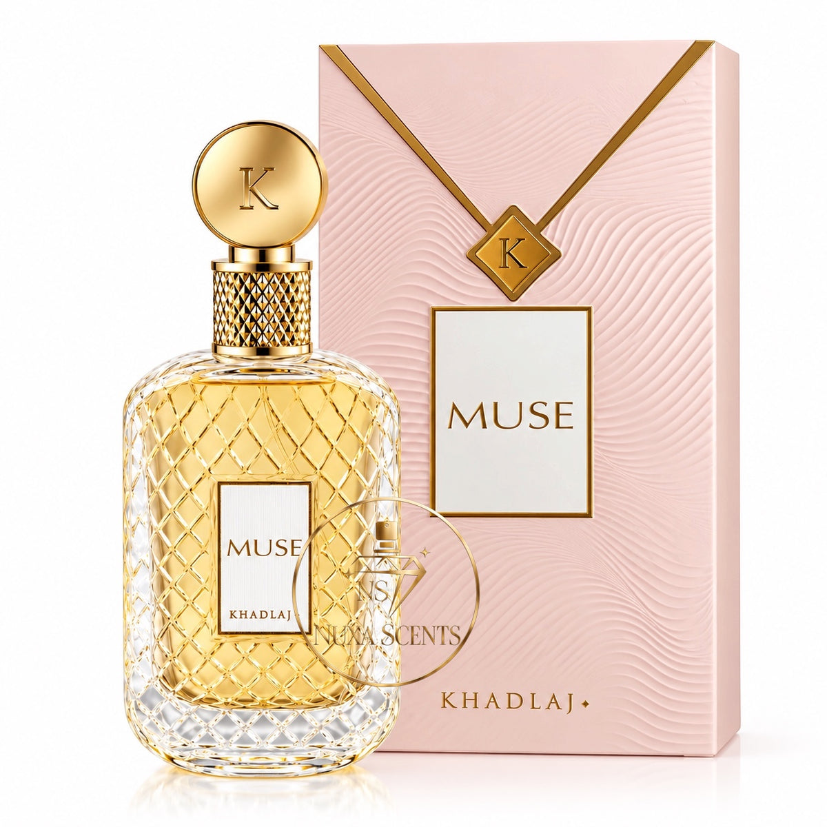 A bottle of Khadlai Muse perfume with a textured gold cap and a clear glass body showing golden liquid, displayed next to its light pink packaging box with gold details.
