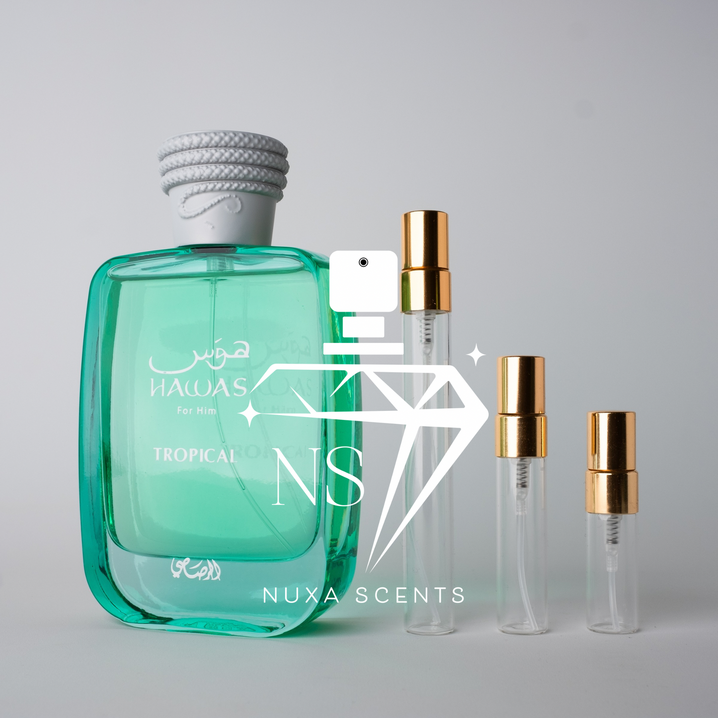 Green perfume bottle with gold cap and rasasi branding on a gray background