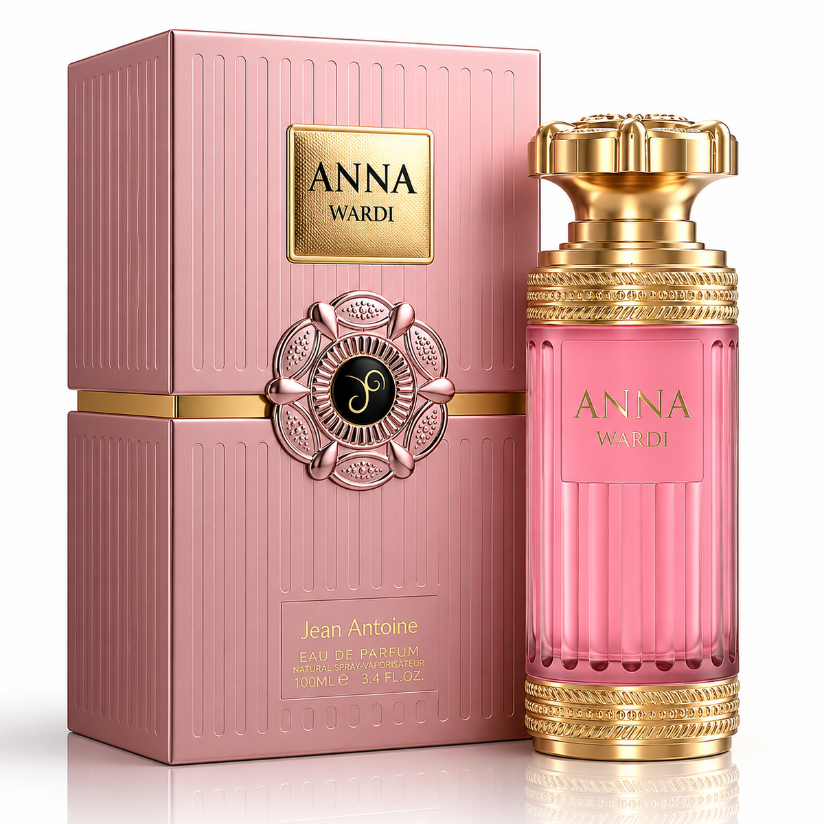 Jean Antoine Anna Wardi Eau de Parfum bottle next to its pink ribbed box packaging, featuring gold accents and the brand name 'ANNA WARDI' on both the bottle and box.