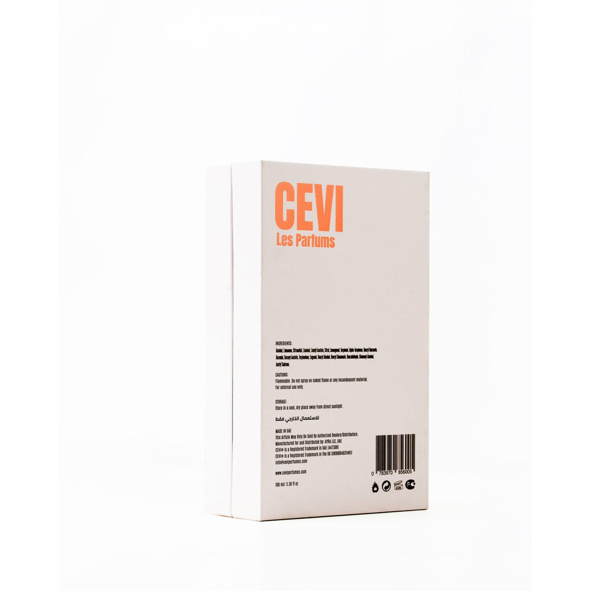Back of the white Femme Absolue Cevi Les Parfums perfume box showing product details and barcode | Nuxa Scents