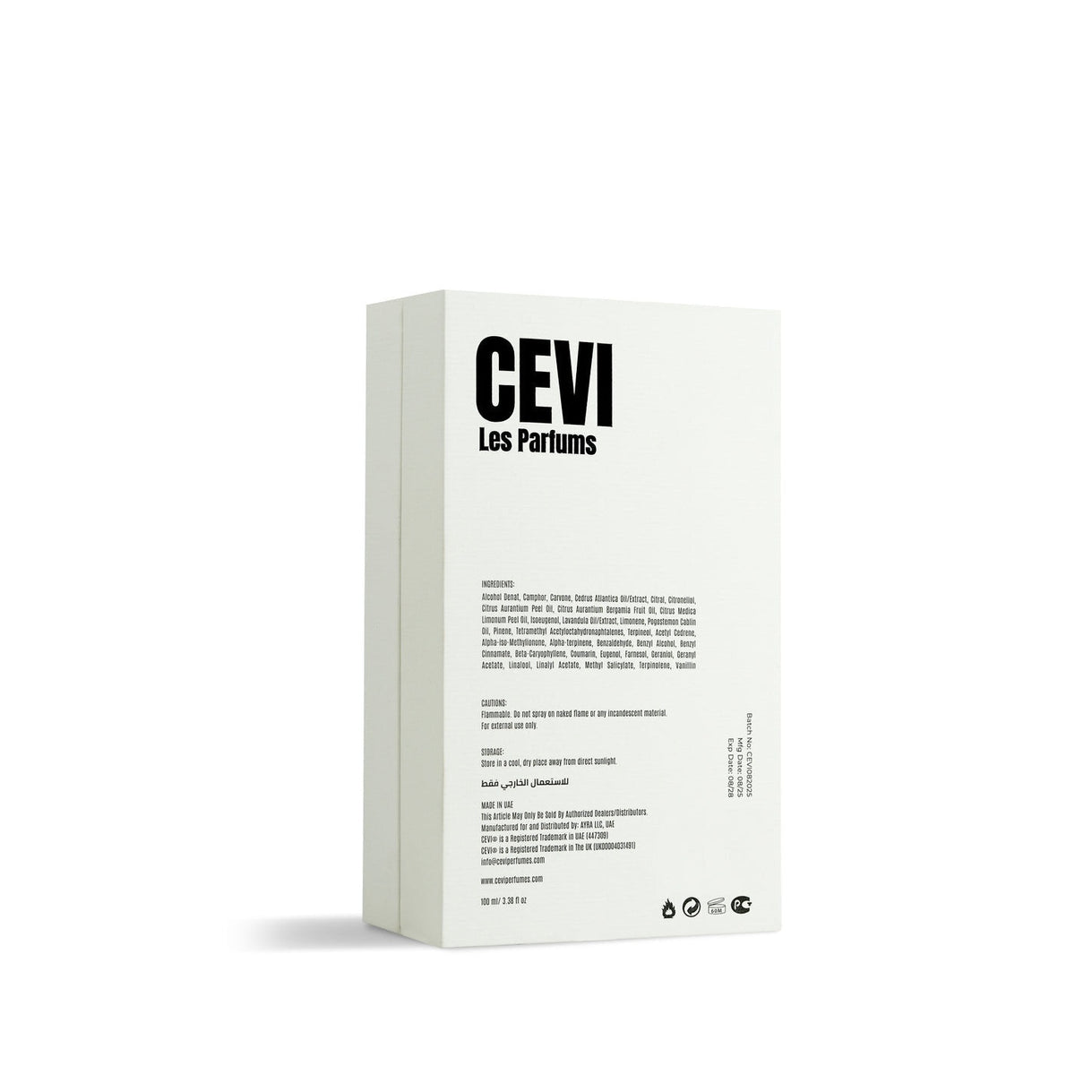 Back of the Homme Absolu by Cevi Les Parfums box showing ingredients and product information