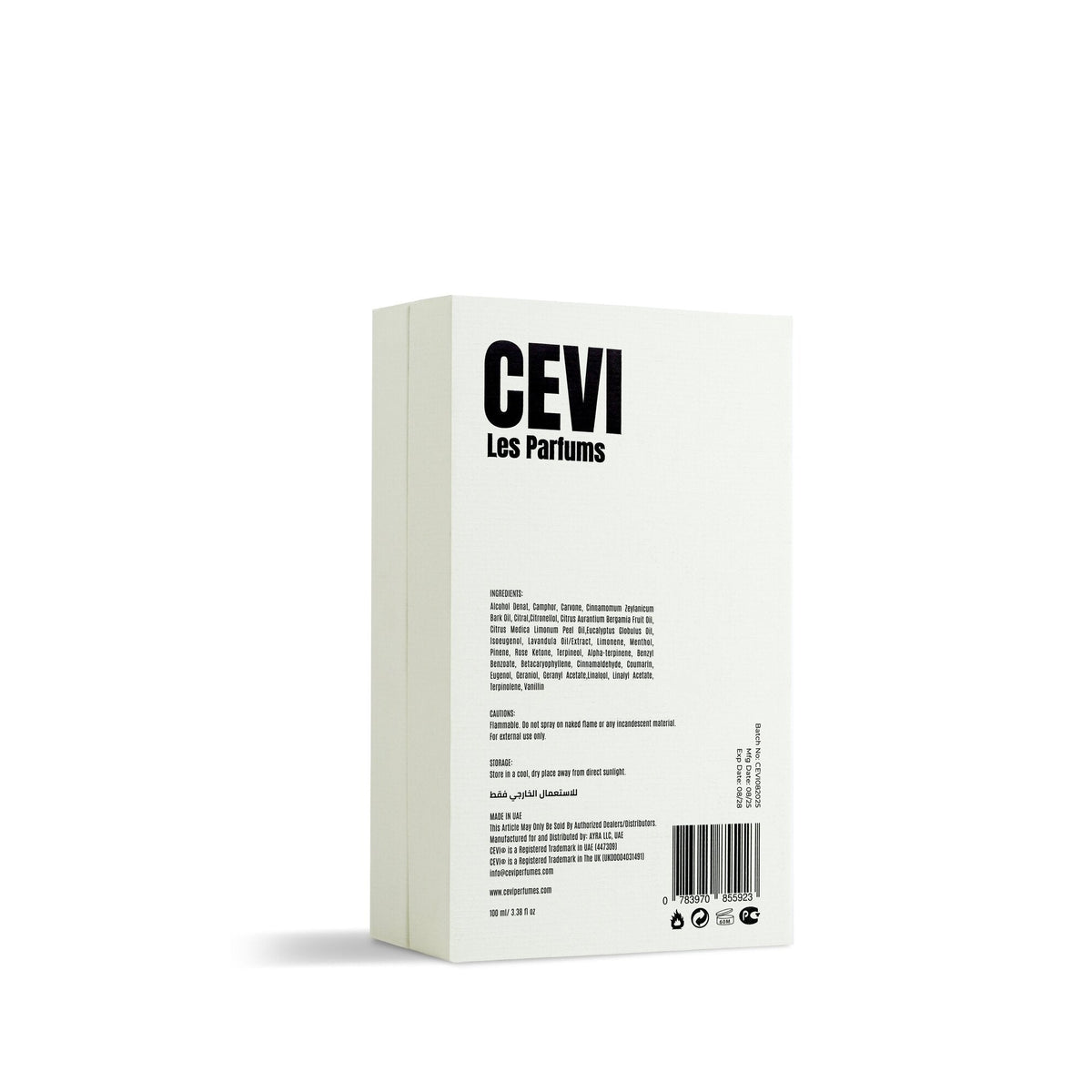 Back of the white Infiniti by Cevi Les Parfums box with ingredients list and barcode