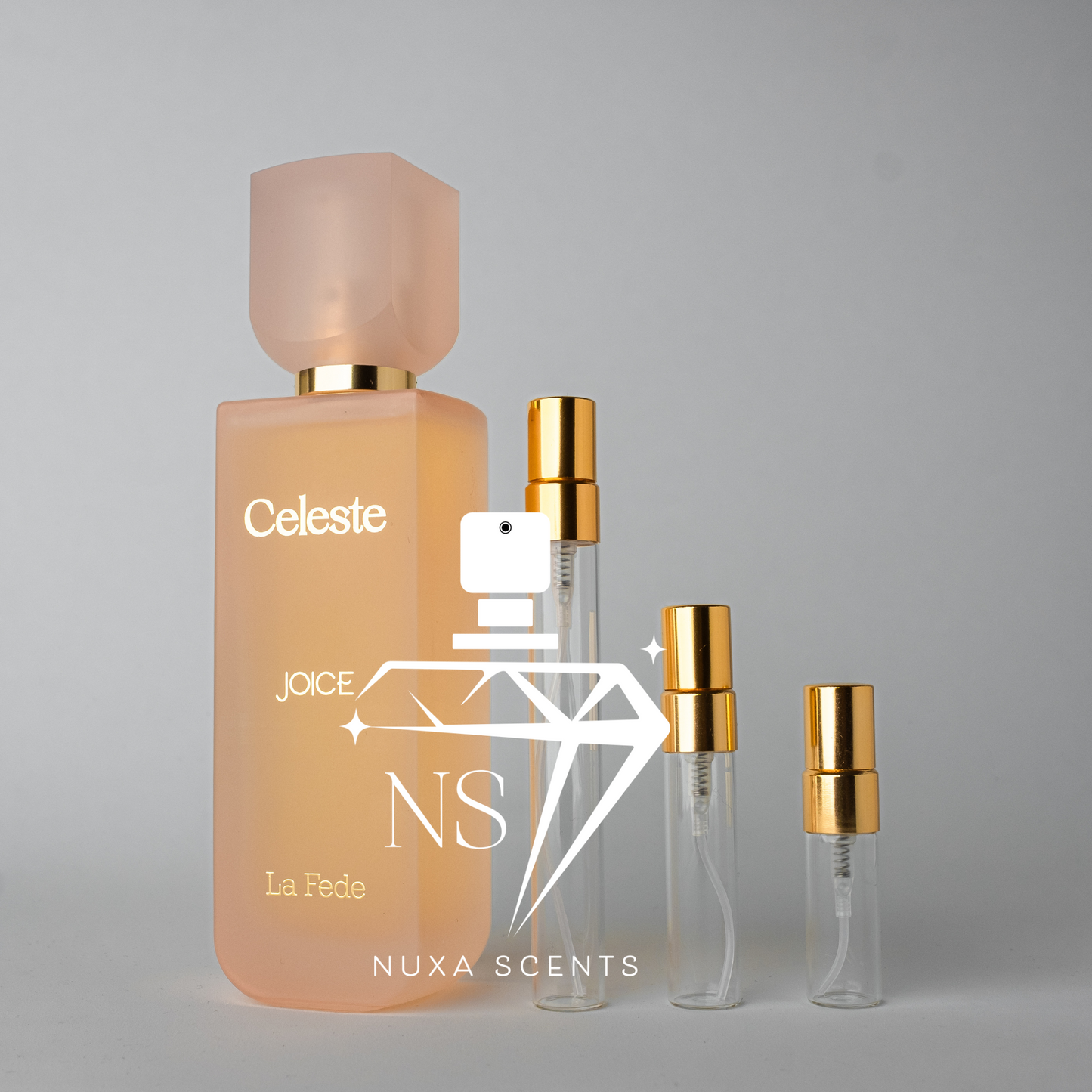 Perfume bottle labeled 'Celeste' by Nuxa Scents on a gray background