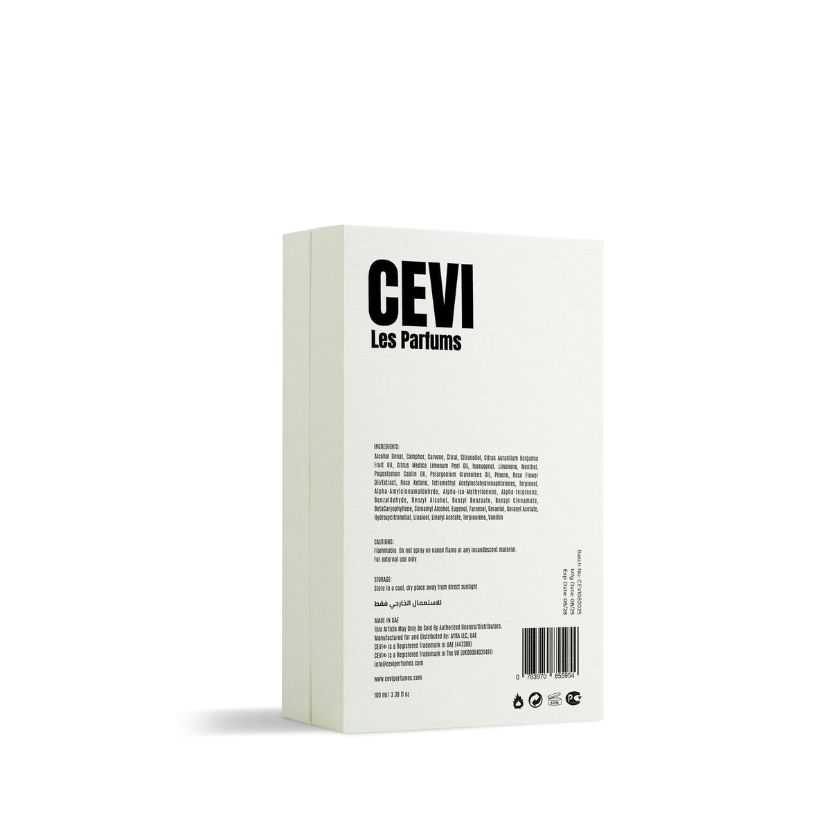 Back of the white Cevi Oud Alif box showing Cevi Les Parfums branding, ingredients, cautions and barcode