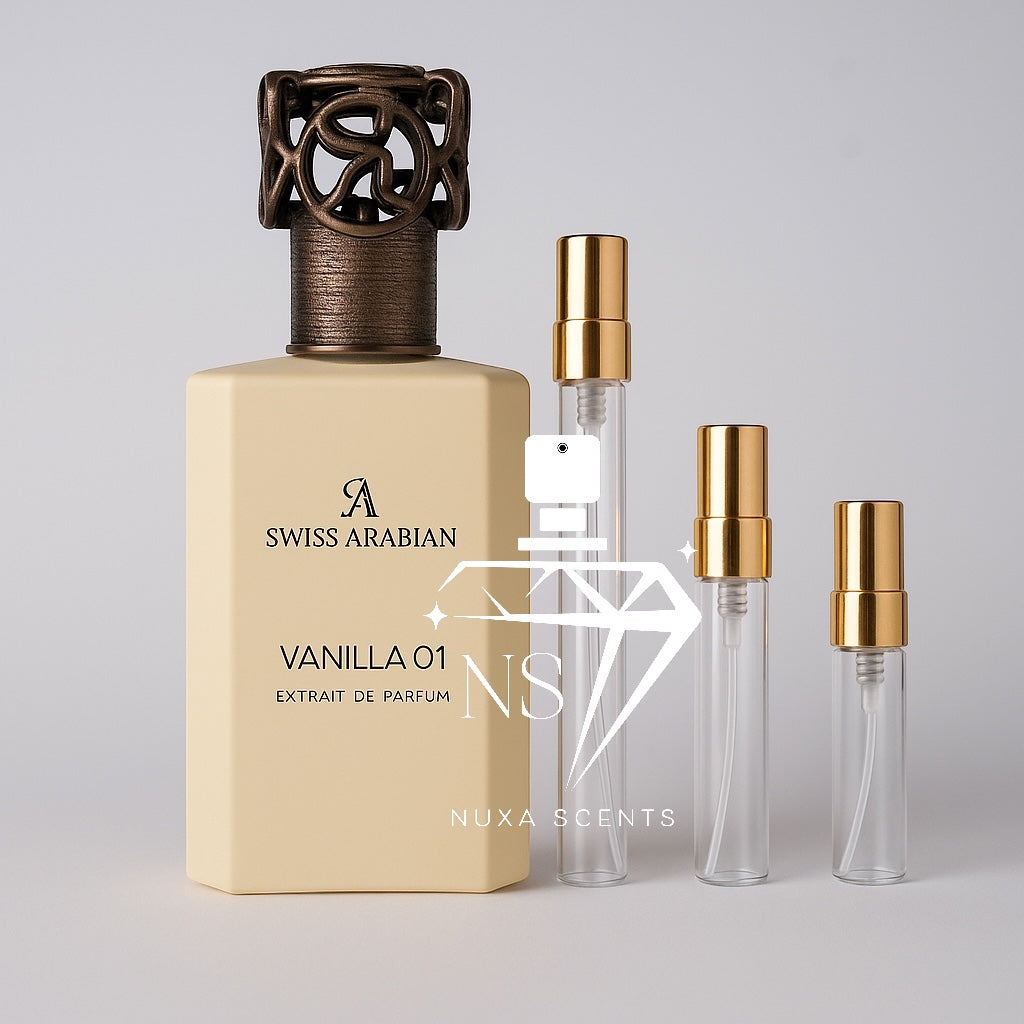 Swiss Arabian Vanilla 01 perfume bottle with smaller bottles on a light gray background