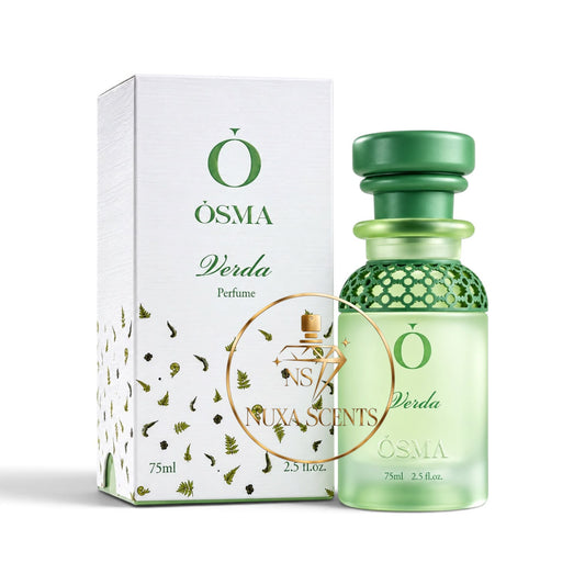 Osma Verda Eau de Parfum 75ml green bottle in front of its white box with green botanical illustrations