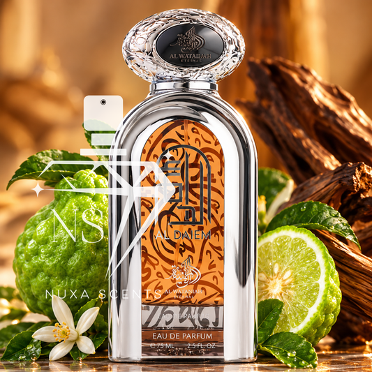 Al Daiem 75ml Eau de Parfum by Al Wataniah Eternal, featuring a luxurious silver bottle with an amber Arabic calligraphy design and ornate crystal-style cap. Surrounded by fresh bergamot, citrus blossoms, green leaves and rich agarwood on a reflective marble surface, with warm golden lighting creating an elegant, luxurious fragrance display.