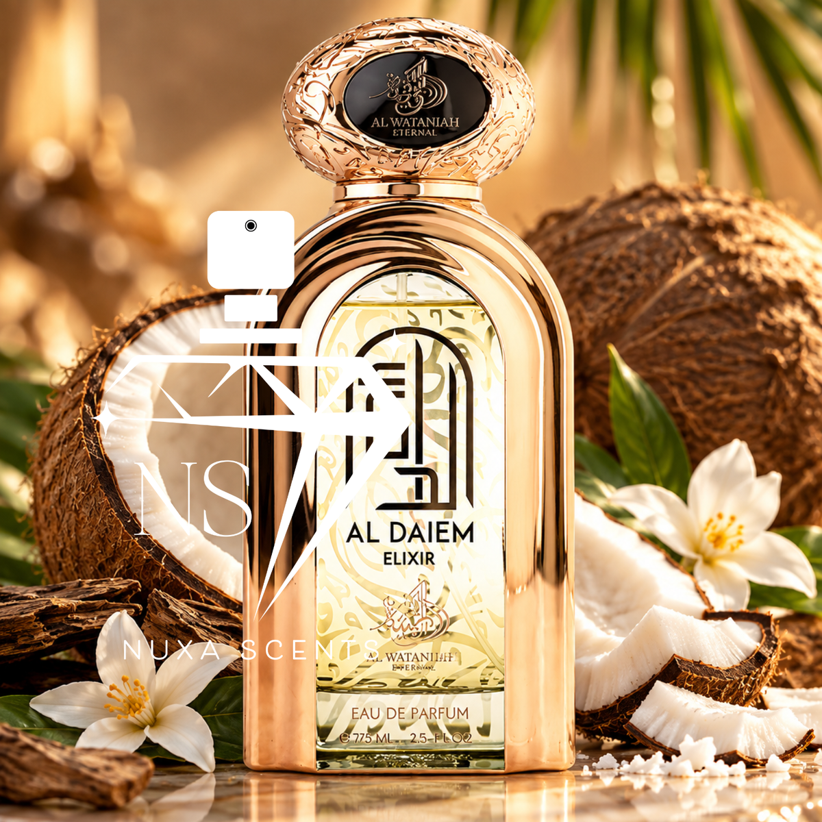 Al Daiem Elixir 75ml Eau de Parfum by Al Wataniah Eternal, featuring a luxurious rose-gold bottle with intricate Arabic calligraphy and an ornate cap. Surrounded by fresh coconuts, white flowers, green leaves and rich woody elements on a reflective marble surface, with warm golden lighting creating an elegant tropical fragrance display.