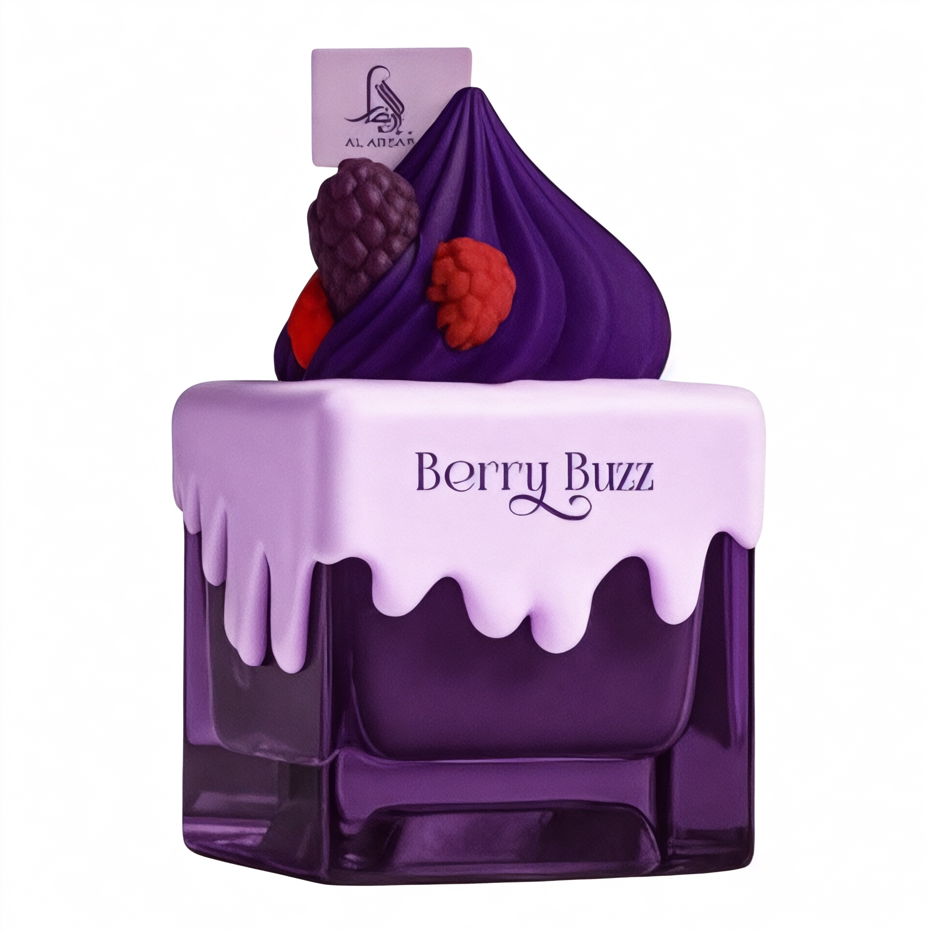 Purple perfume bottle shaped like a cake with berries on top, branded 'Berry Buzz'.
