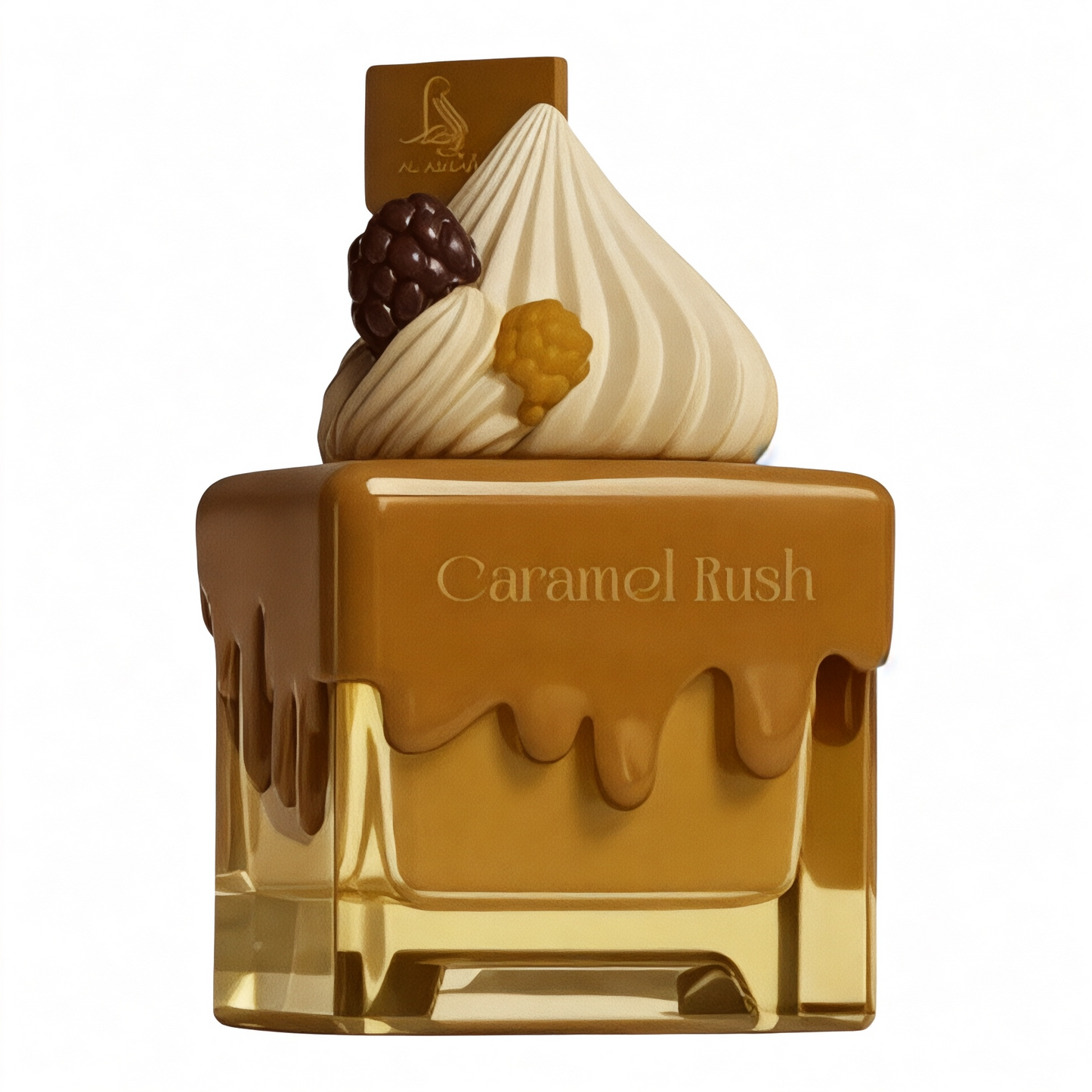 Perfume bottle designed like a caramel dessert with 'Caramel Rush' branding on a white background.