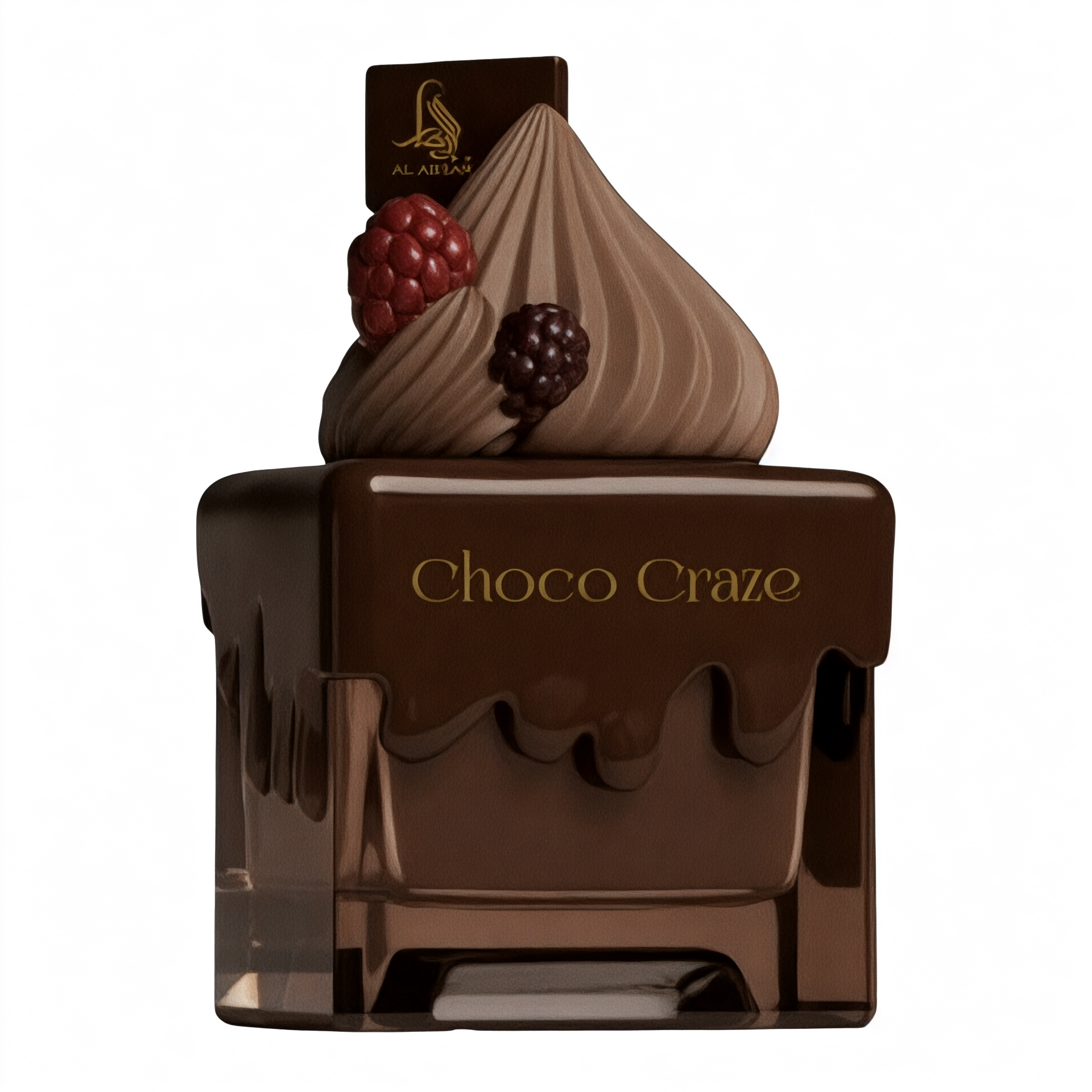 Chocolate-themed perfume bottle with 'Choco Craze' branding on a white background