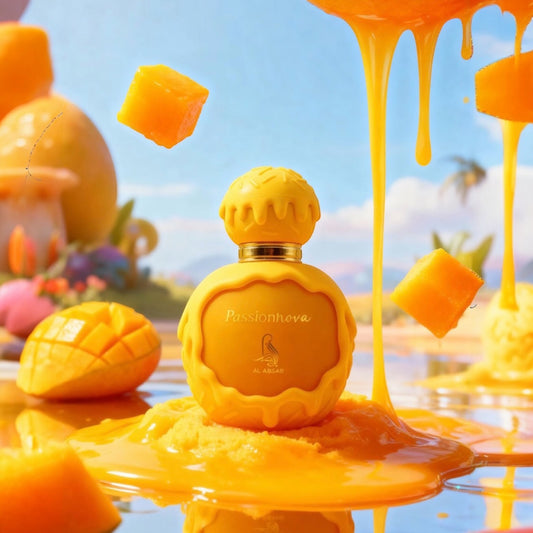 Yellow perfume bottle with mangoes and a tropical background