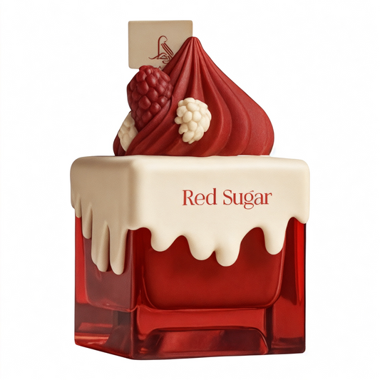 Red and white dessert-shaped container with 'Red Sugar' text on a white background