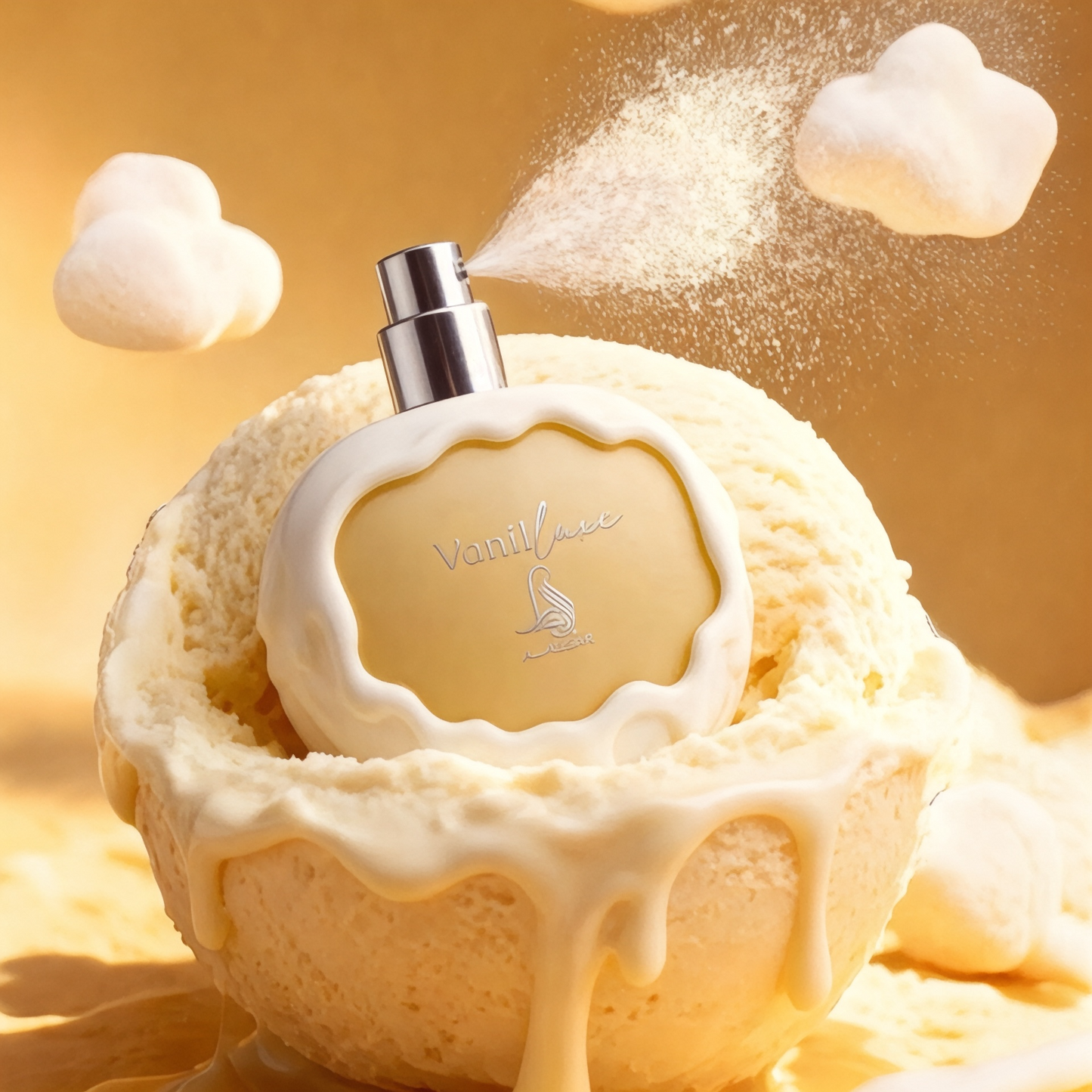 Vanilliance vanilla ice cream with a perfume bottle on top against a gold background