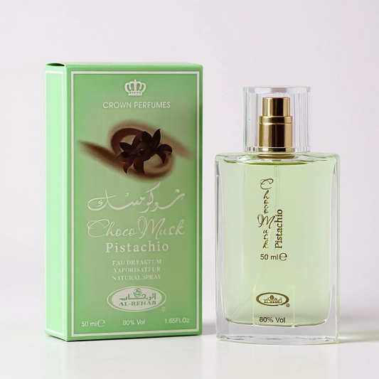 Perfume bottle and packaging of Choco Muck Pistachio by Crown Perfumes on a white background