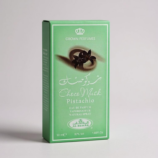 Green box of Choco Musk Pistachio perfume by Crown Perfumes on a light gray background