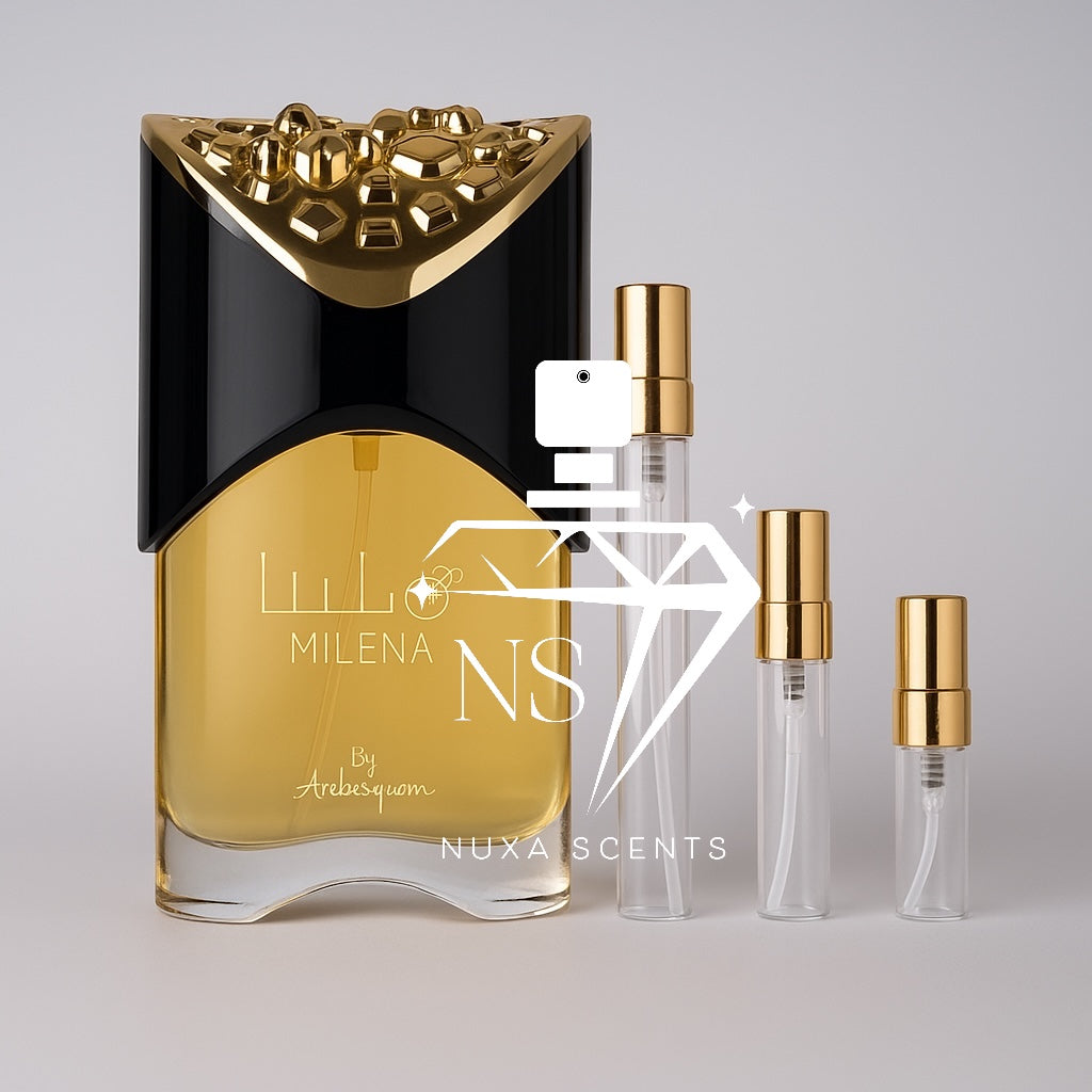 Perfume bottle with gold cap and black top, accompanied by smaller bottles and a diamond graphic on a light gray background.