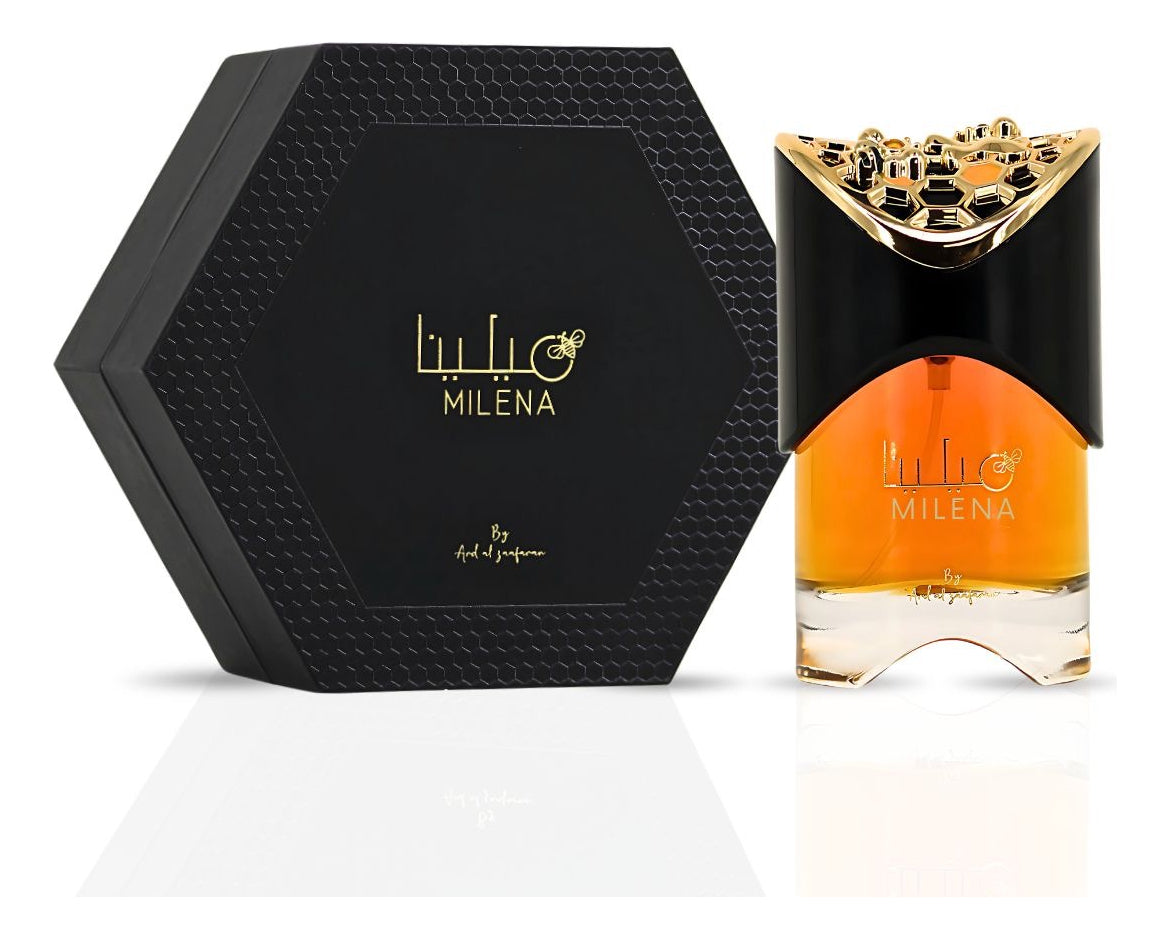 Milena perfume bottle and packaging on a white background
