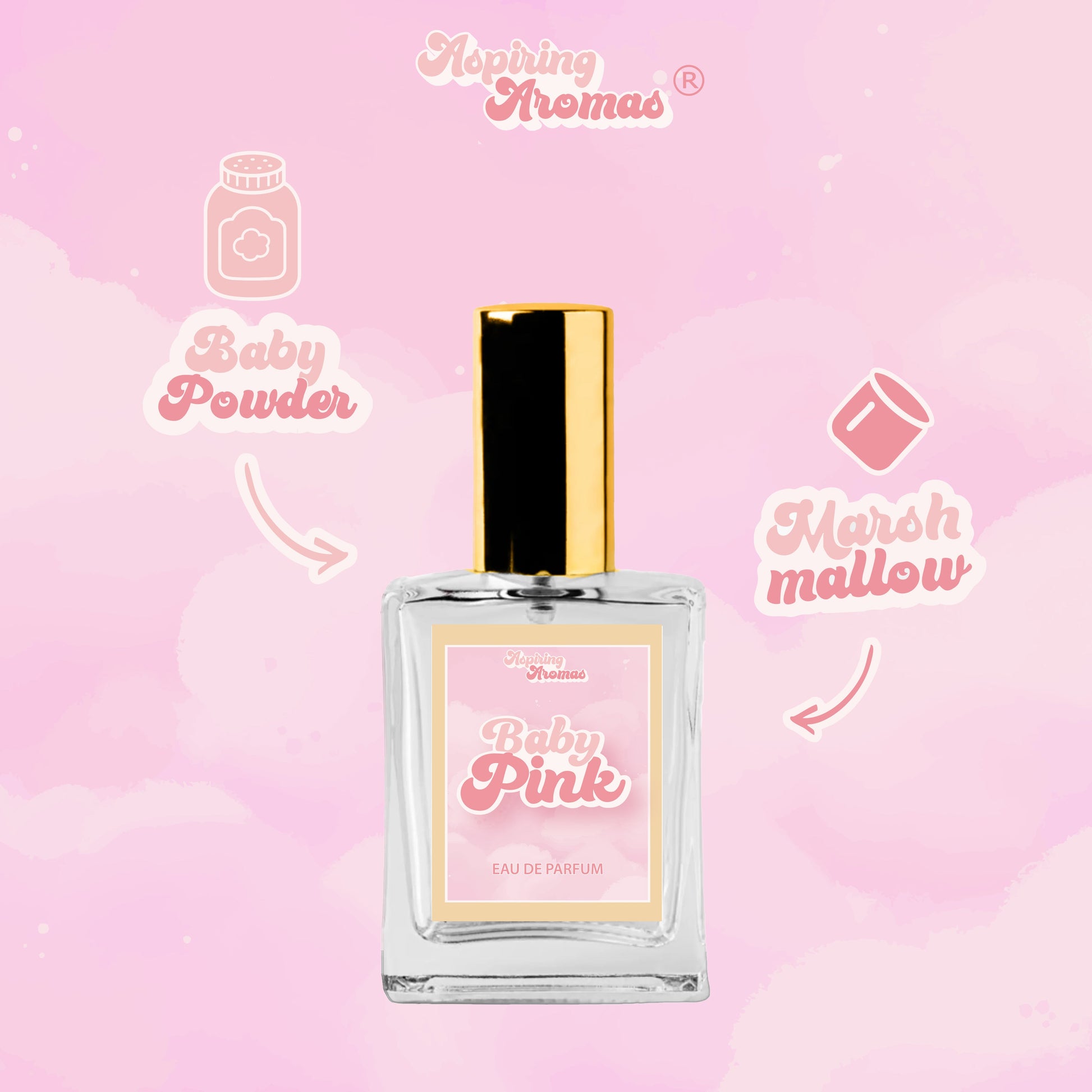 A perfume bottle labeled 'Baby Pink' by Aspiring  Aromas, centered on a soft pink cloud background with decorative text reading 'Baby Powder' and 'Marshmallow'.
