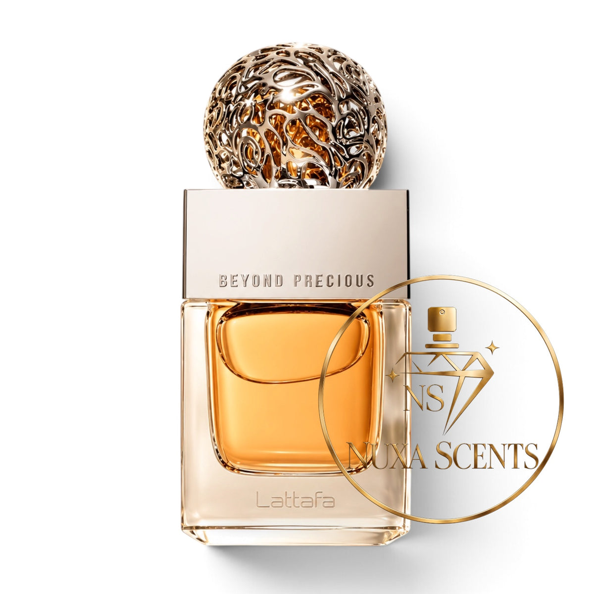 Lattafa Beyond Precious perfume bottle with a textured gold cap and amber liquid, shown on a white background with a gold Luxa Scents watermark overlay.