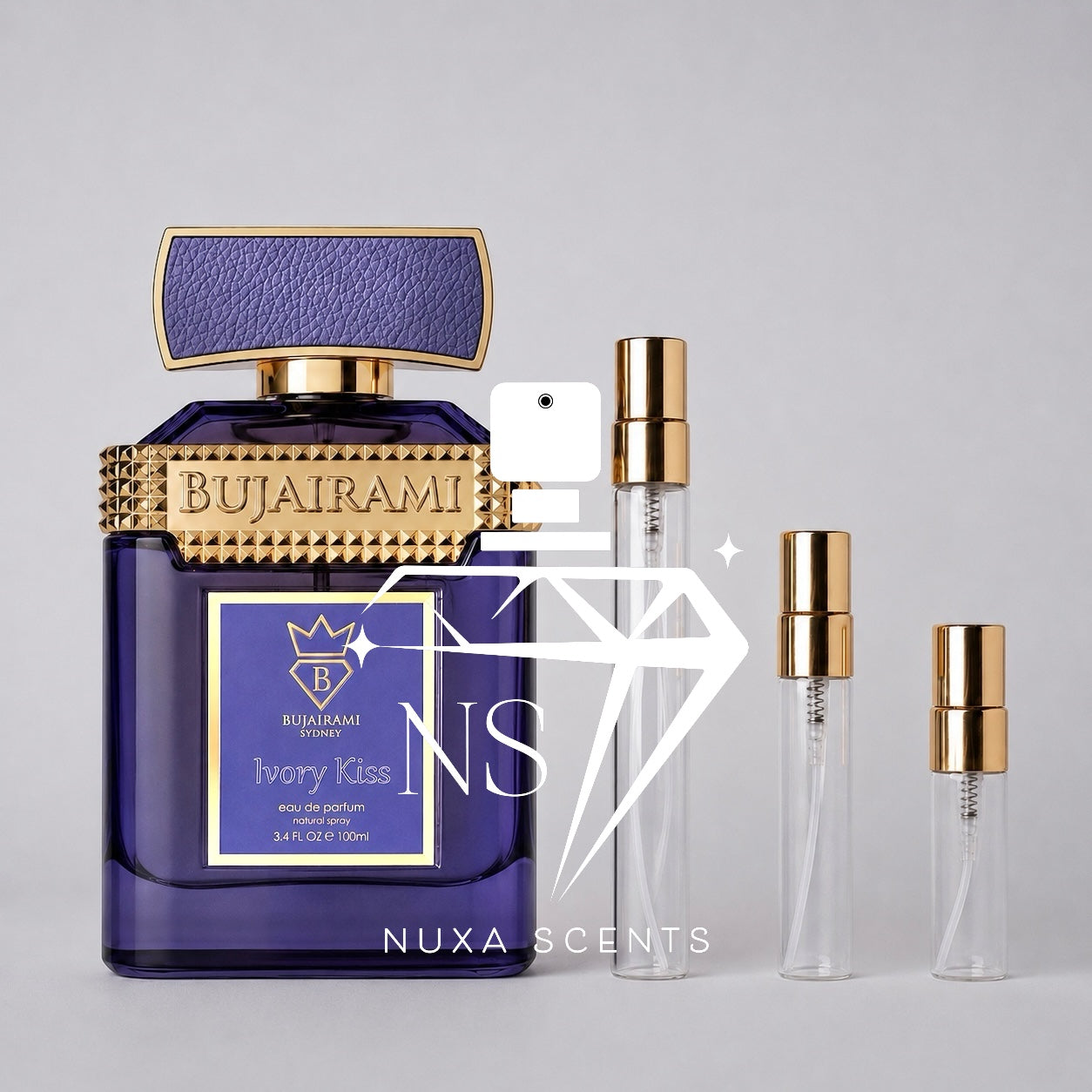 Bujairami perfume bottle with smaller bottles and Bujairami logo on a gray background