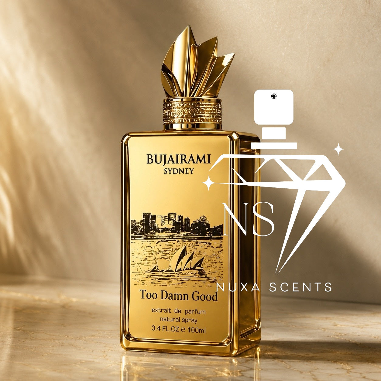 Gold perfume bottle with 'Bujairami Sydney' and 'Nuxa Scents' branding on a reflective surface.