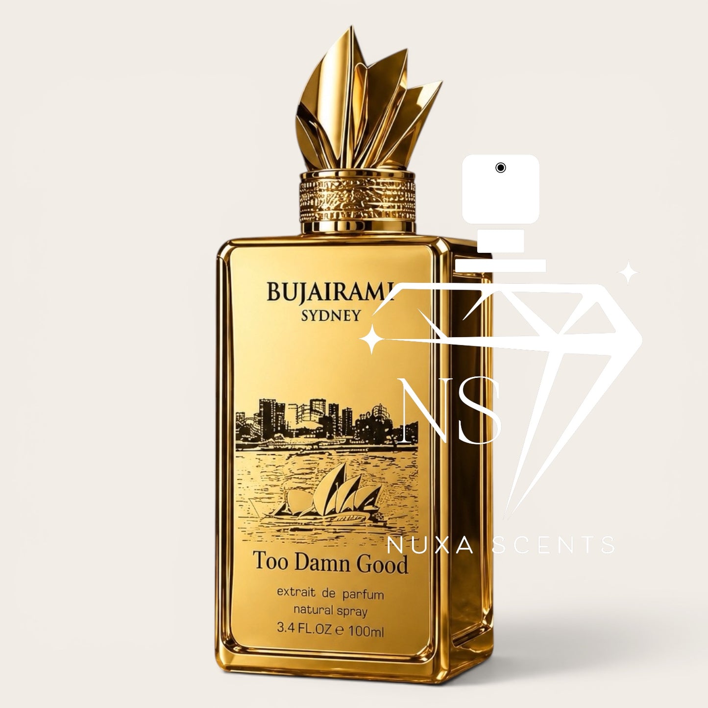 Gold perfume bottle with 'Bujairam Sydney' branding on a light beige background