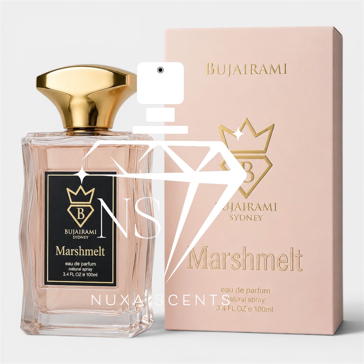 Bujrami Marshmelt perfume bottle and packaging on a light gray background