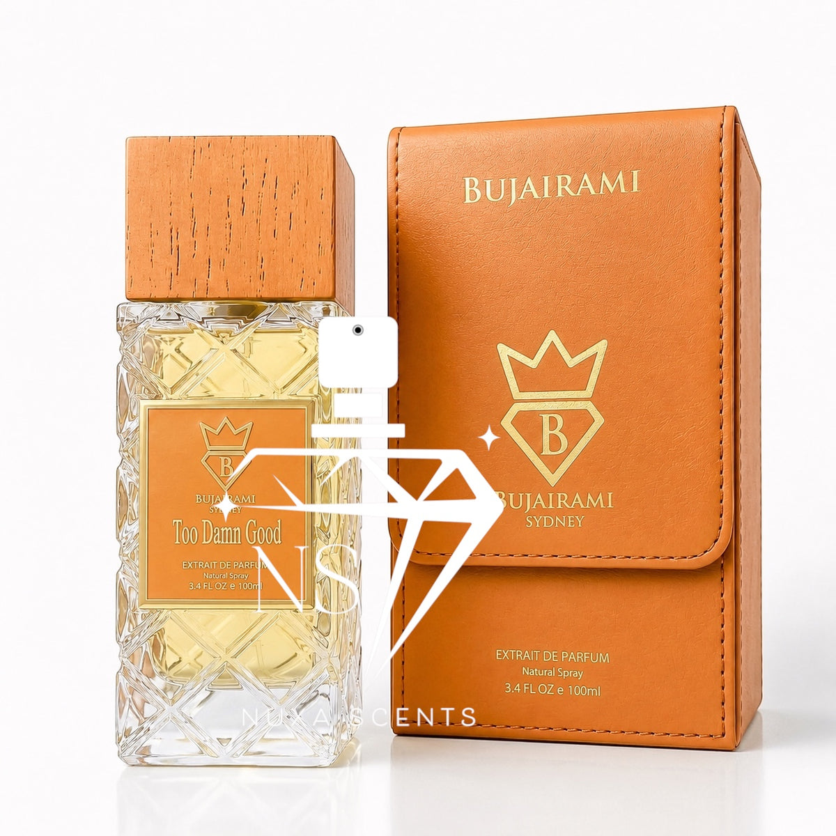 Bujairami Too Damn Good Extrait de Parfum bottle with a textured wood-grain cap next to its orange faux-leather box, on a white background.