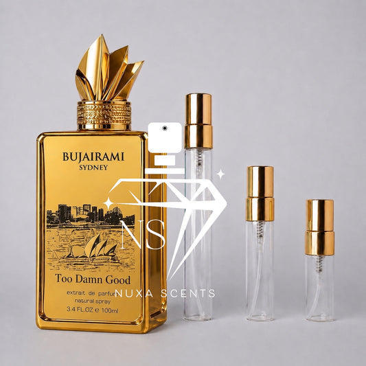 Gold perfume bottle with 'Bujairami Sydney' branding on a gray background