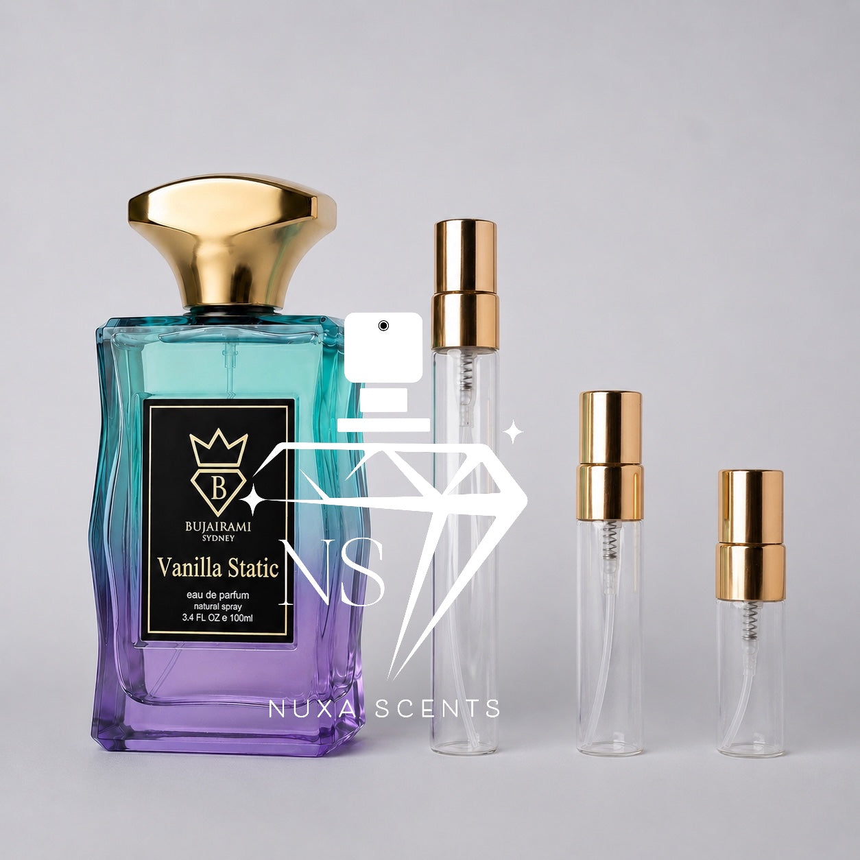 Perfume bottle and travel-sized bottles with gold caps on a gray background, featuring bujairami branding.