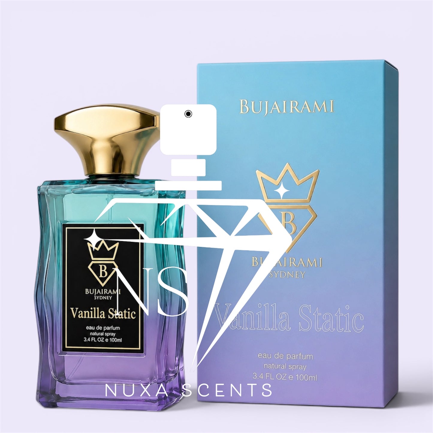 Bujairami Vanilla Static perfume bottle and packaging on a white background