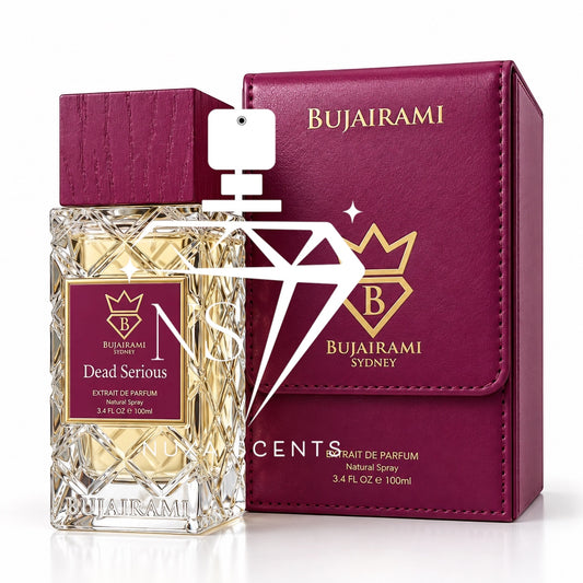 Bujairami Dead Serious perfume bottle and its matching burgundy presentation box on a white background.