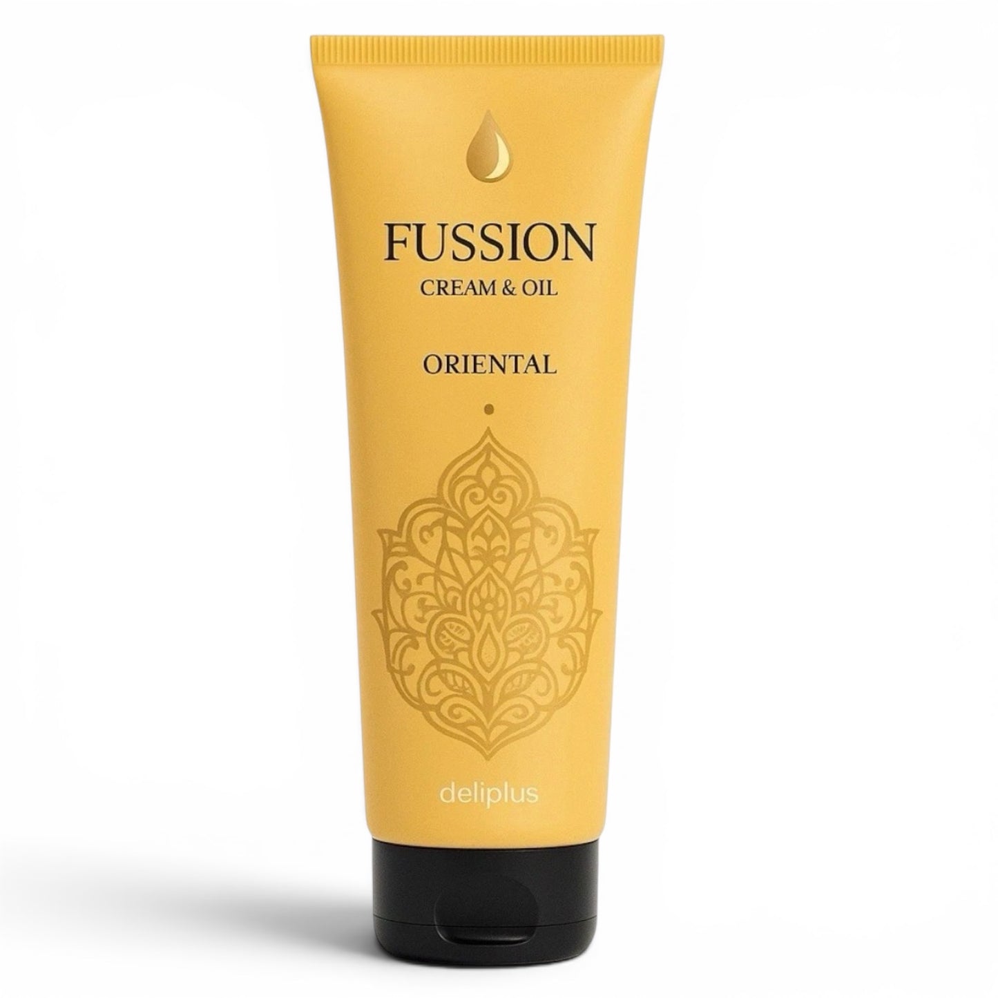 Yellow tube of Fussion Cream & Oil Oriental on a white background
