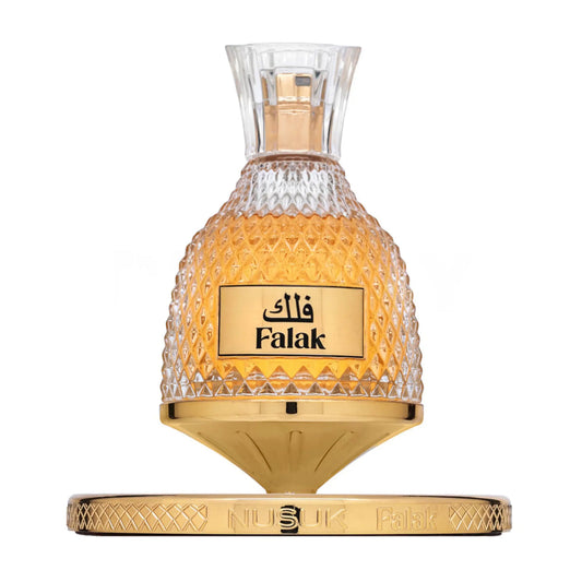 Perfume bottle with 'Falak' branding on a white background