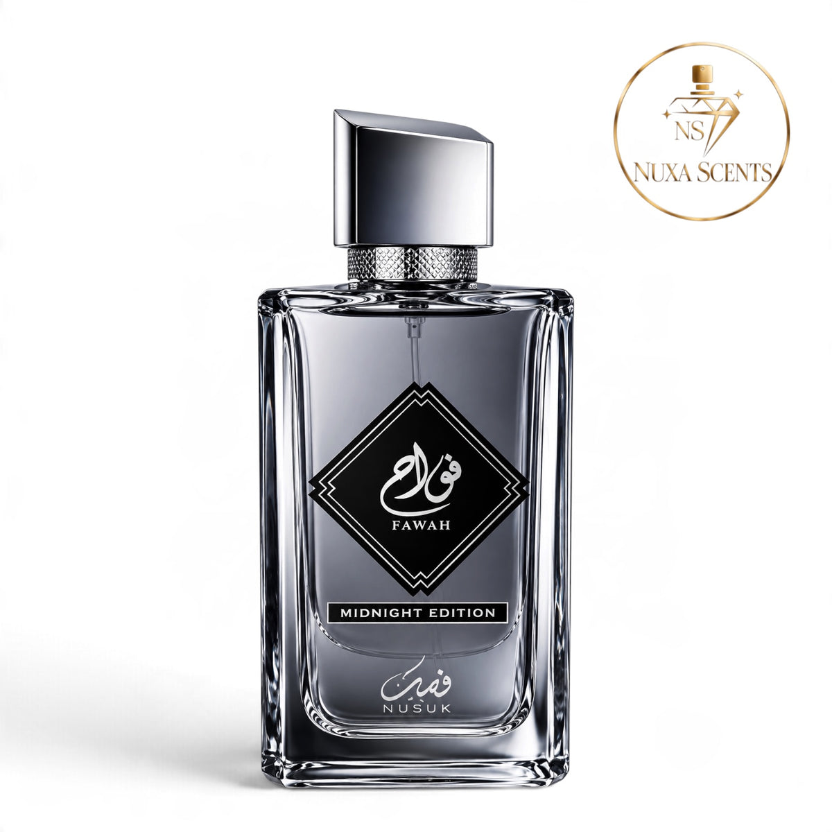 A bottle of Fawah Midnight Edition cologne by Nusuk, featuring a clear glass bottle with a dark gray liquid and a metallic silver cap, shown on a white background with a Nusuk Scents logo in the top right corner.
