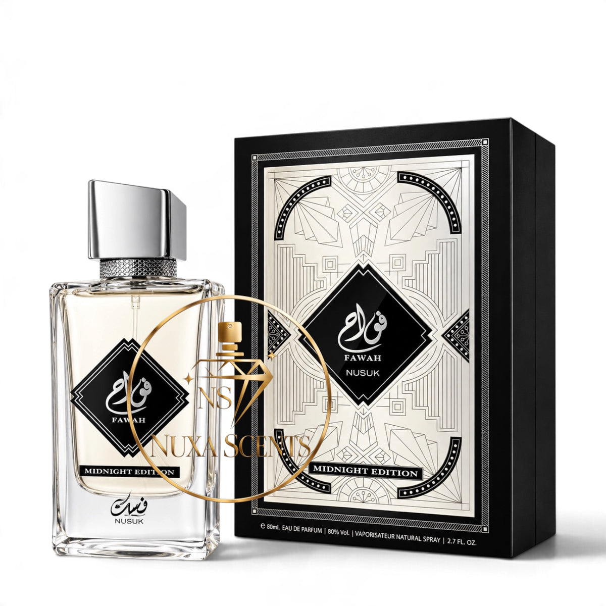 Fawah Midnight Edition perfume bottle and its black and white geometric-patterned box, with a gold circular watermark overlay.