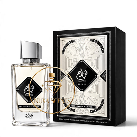 Fawah Midnight Edition perfume bottle and its black and white geometric-patterned box, with a gold circular watermark overlay.