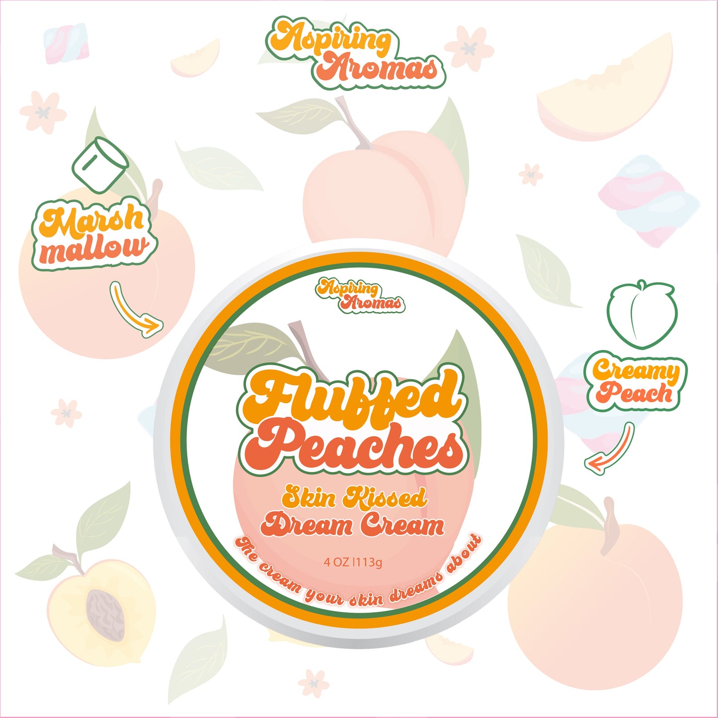 A round cosmetic jar labeled 'Fluffed Peaches' by Hoping Aromas, surrounded by peach illustrations and scent callouts including 'Hopping Aromas,' 'Marsh mallow,' and 'Creamy Peach' on a white background.